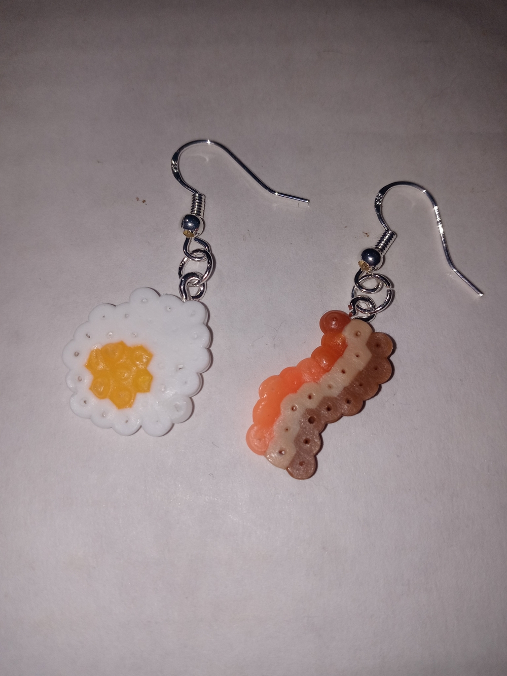 Playful Fried Egg and Bacon Dangle Earrings in White & Brown